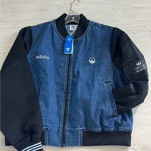 adidas Blue Denim Body with Black Sleeve Bomber Jacket